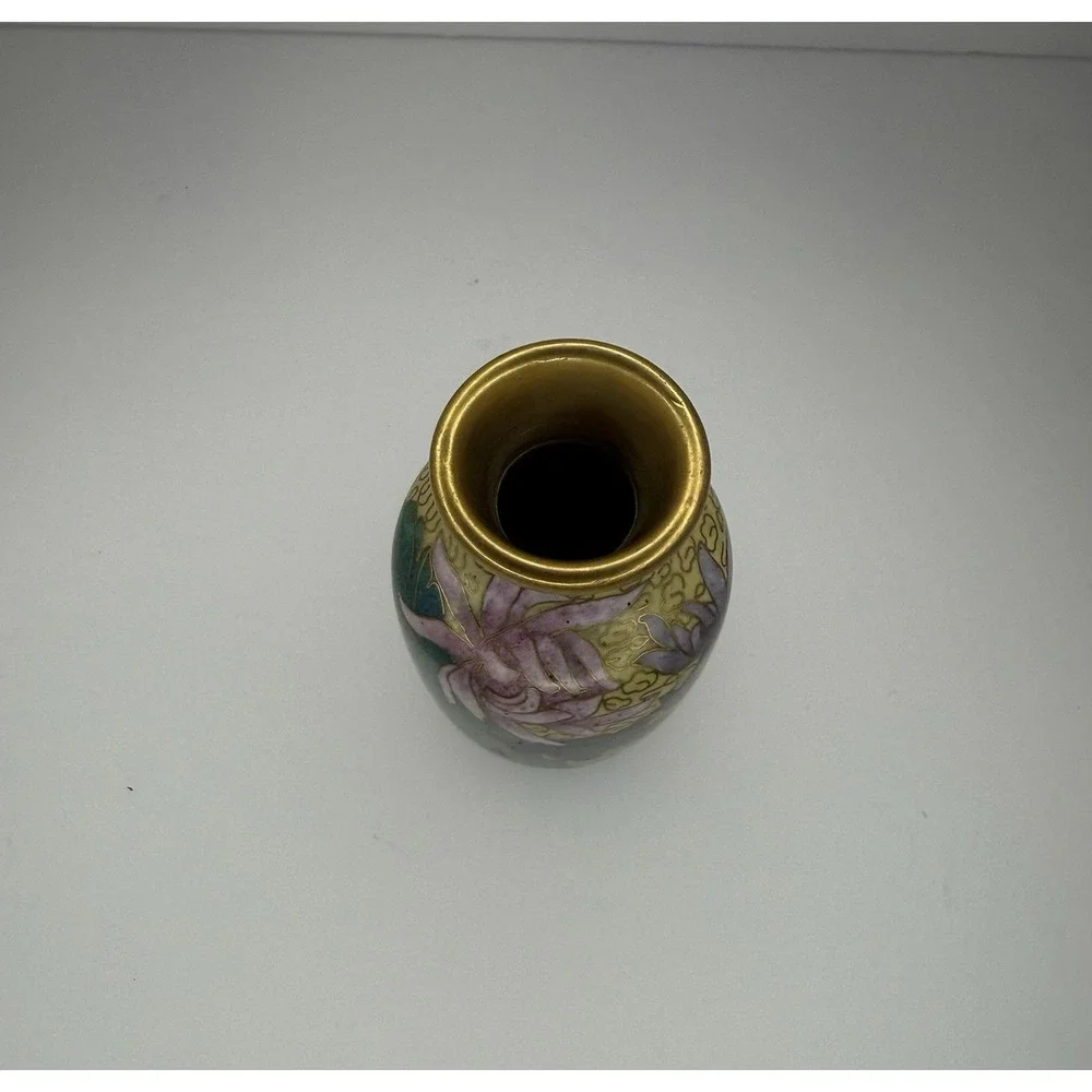 Yellow Cloisonné Brass &‎ Enamel Vase With Pink Flowers 4